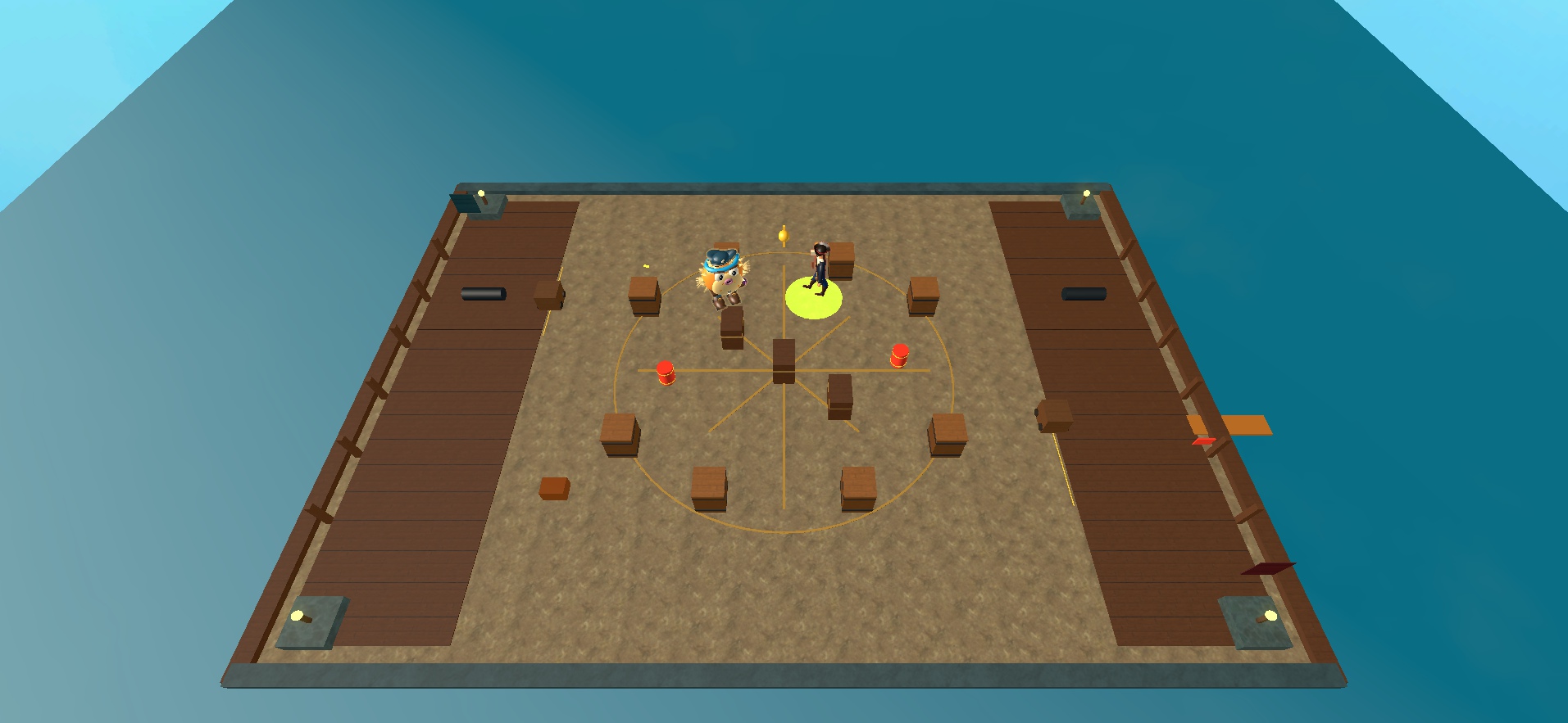 Development screenshot showing the pufferfish and plague doctor in the game's compass arena